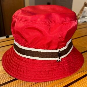 Red rain hat, Bucket Hat with Brown Stripe